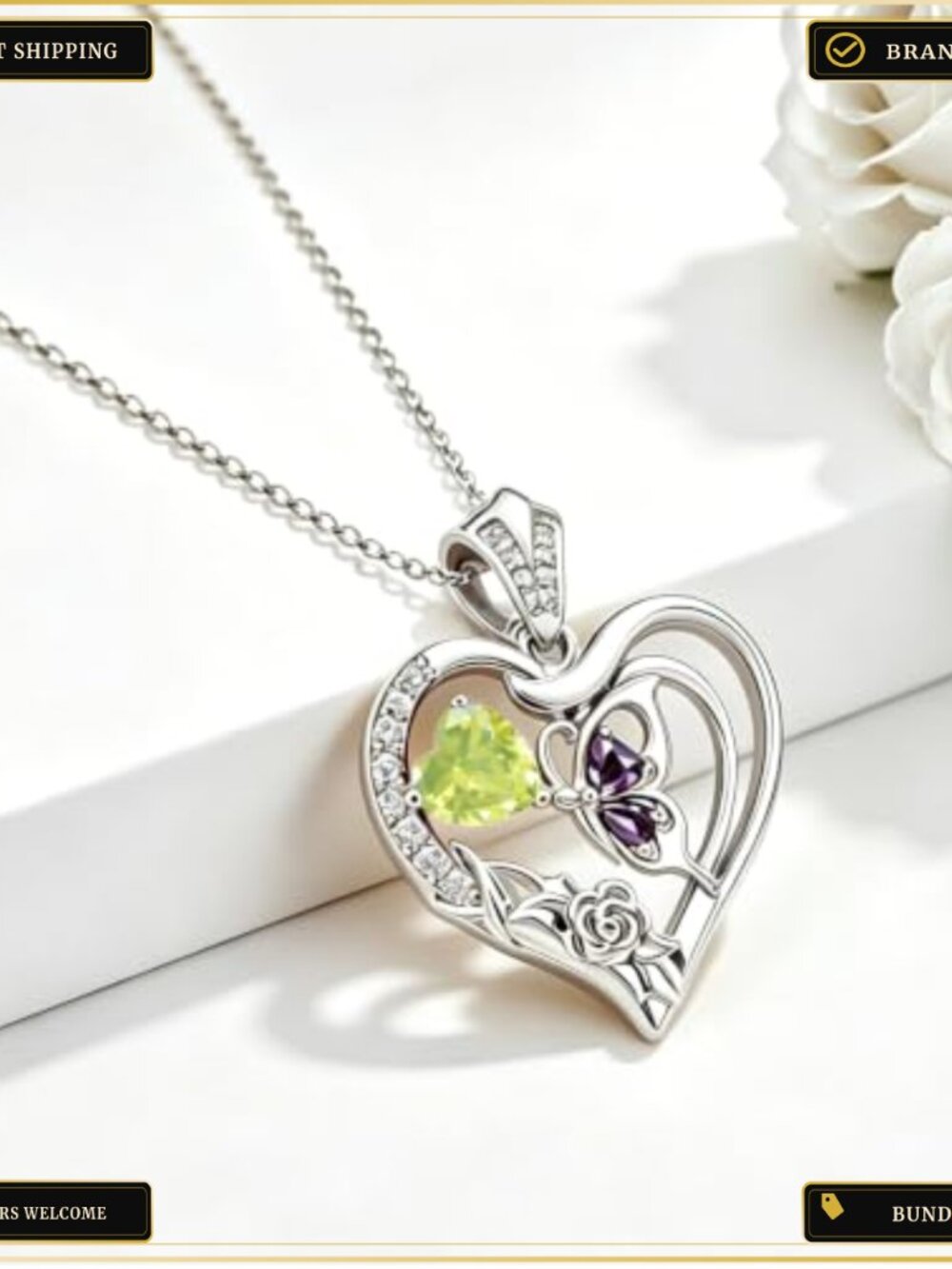 18K White Gold Plated Heart Pendant Necklace with Butterfly Rose Crystal - Picture 3 of 6